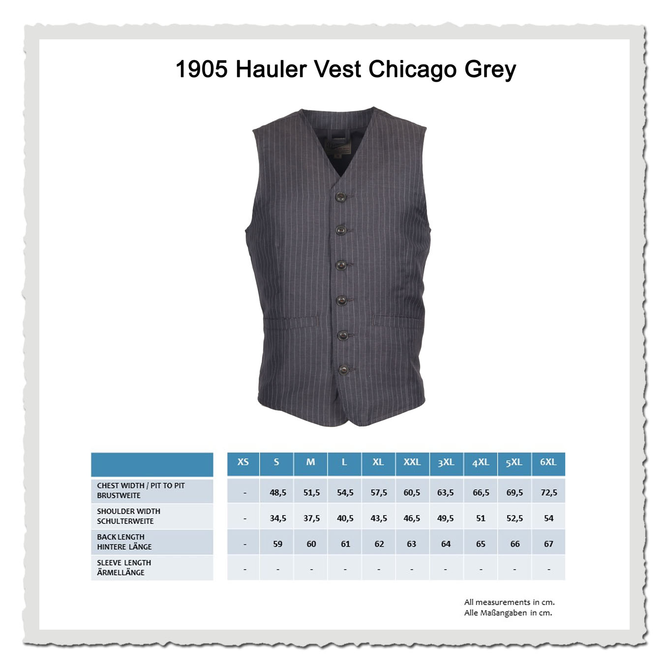 Maßtabelle für eine graue gestreifte Weste mit Größenangaben auf hellem Hintergrund.